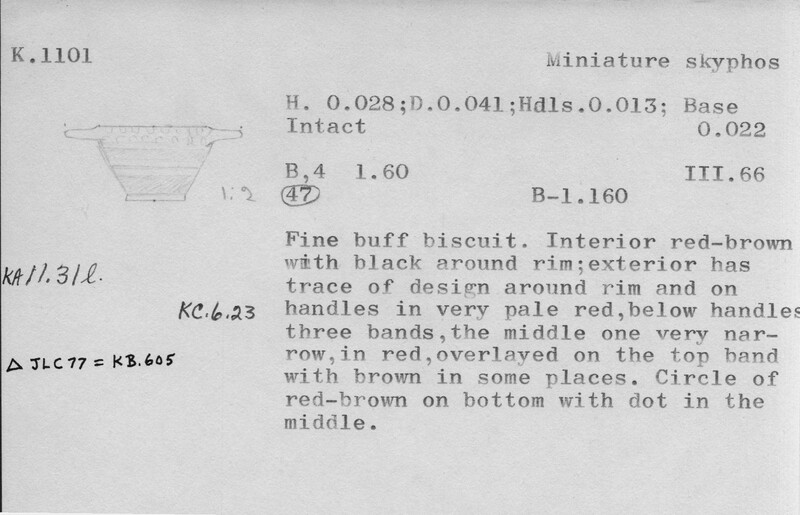 Index card with typed and handwritten information, sometimes including a sketch, of pottery from an excavation.