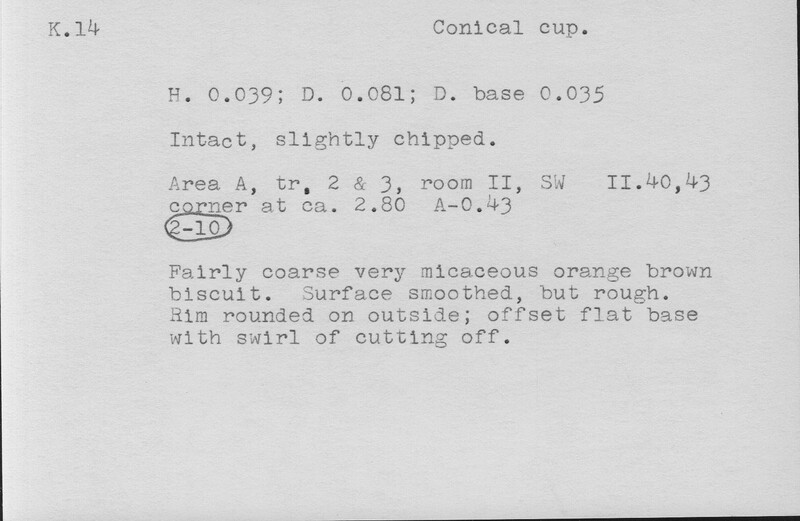 Index card with typed and handwritten information, sometimes including a sketch, of pottery from an excavation.