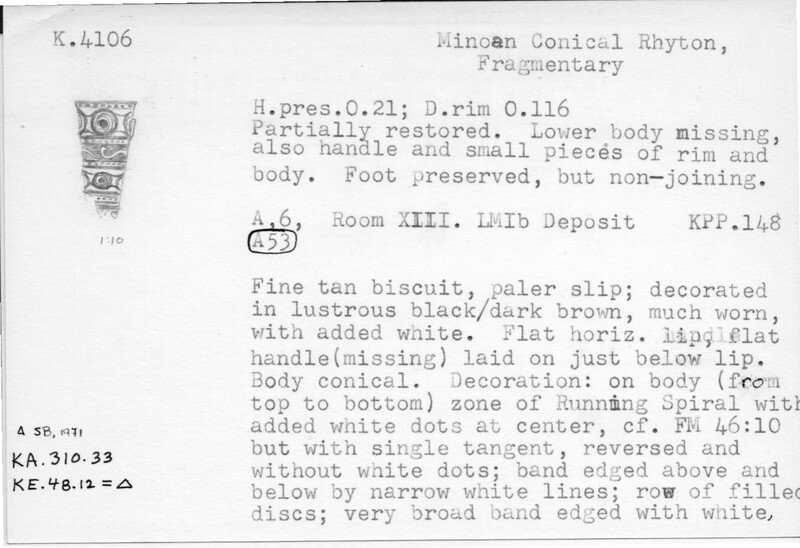 Index card with typed and handwritten information, sometimes including a sketch, of pottery from an excavation.
