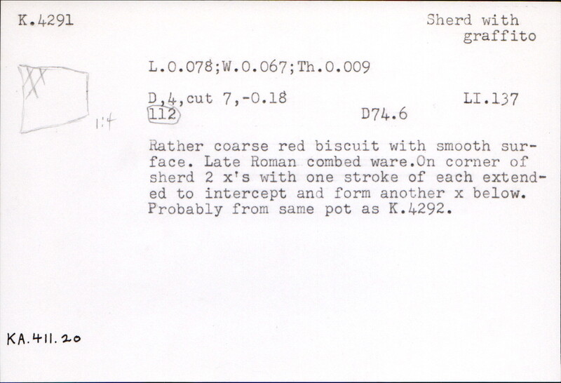 Index card with typed and handwritten information, sometimes including a sketch, of pottery from an excavation.