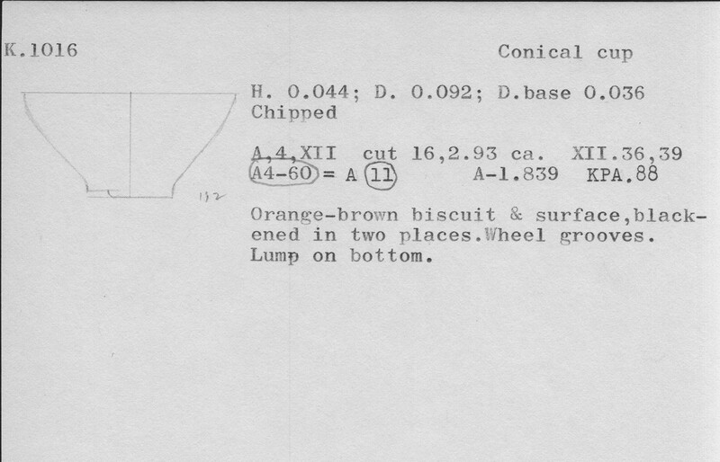 Index card with typed and handwritten information, sometimes including a sketch, of pottery from an excavation.