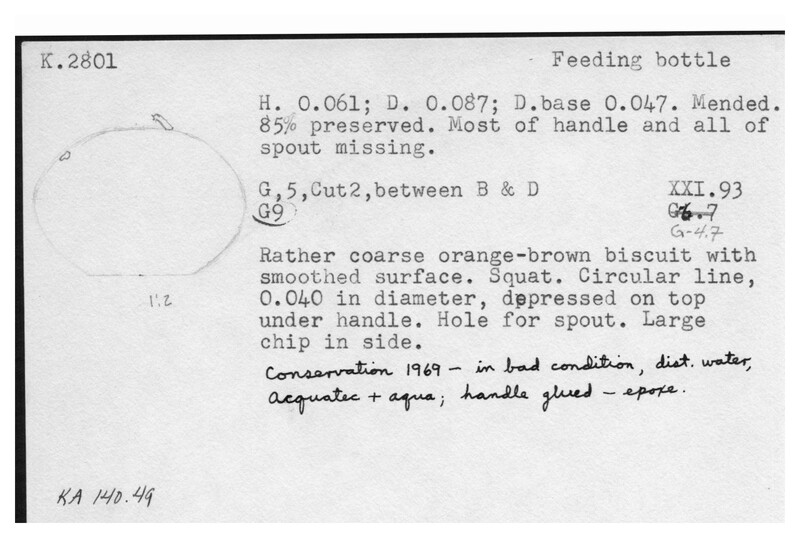 Index card with typed and handwritten information, sometimes including a sketch, of pottery from an excavation.