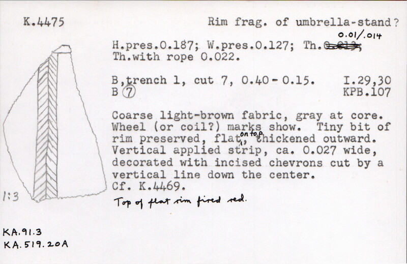 Index card with typed and handwritten information, sometimes including a sketch, of pottery from an excavation.