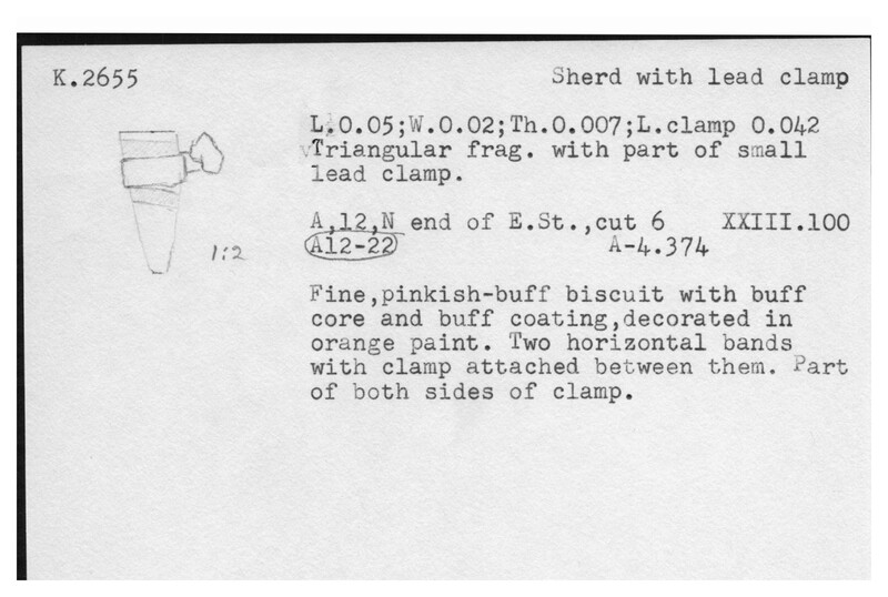Index card with typed and handwritten information, sometimes including a sketch, of pottery from an excavation.