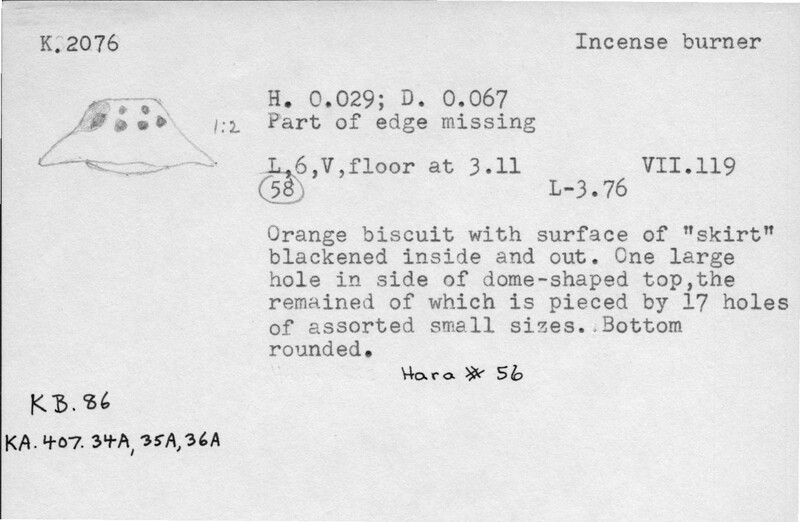 Index card with typed and handwritten information, sometimes including a sketch, of pottery from an excavation.