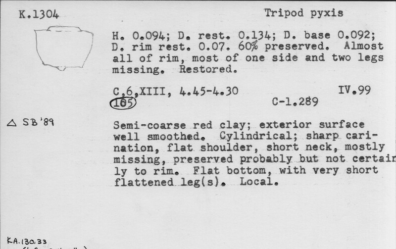 Index card with typed and handwritten information, sometimes including a sketch, of pottery from an excavation.