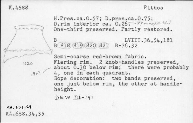 Index card with typed and handwritten information, sometimes including a sketch, of pottery from an excavation.