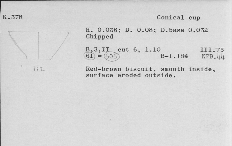 Index card with typed and handwritten information, sometimes including a sketch, of pottery from an excavation.