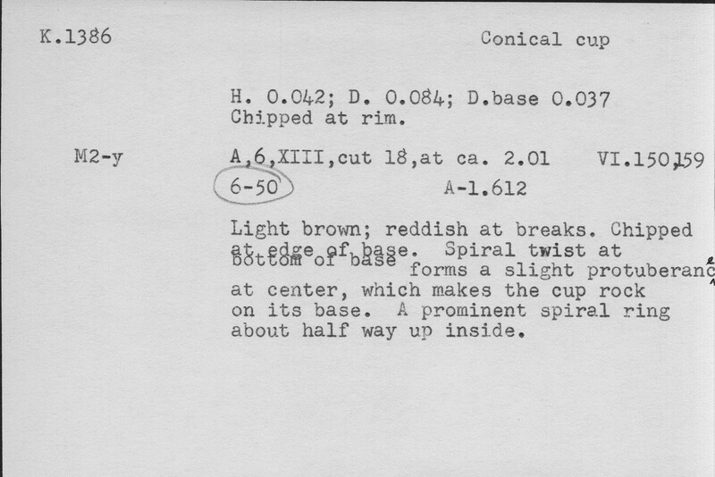 Index card with typed and handwritten information, sometimes including a sketch, of pottery from an excavation.