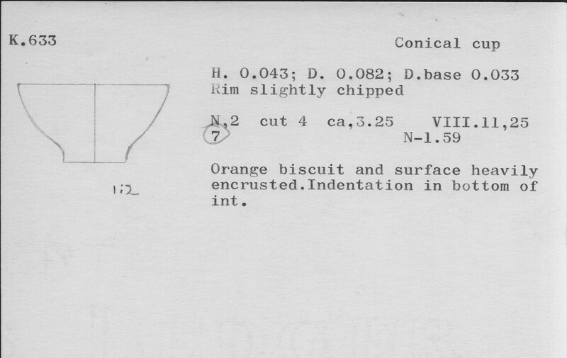 Index card with typed and handwritten information, sometimes including a sketch, of pottery from an excavation.