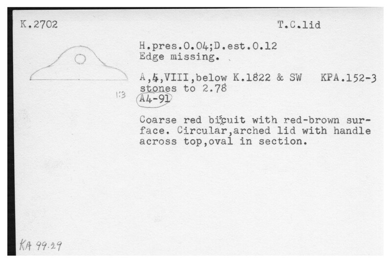 Index card with typed and handwritten information, sometimes including a sketch, of pottery from an excavation.