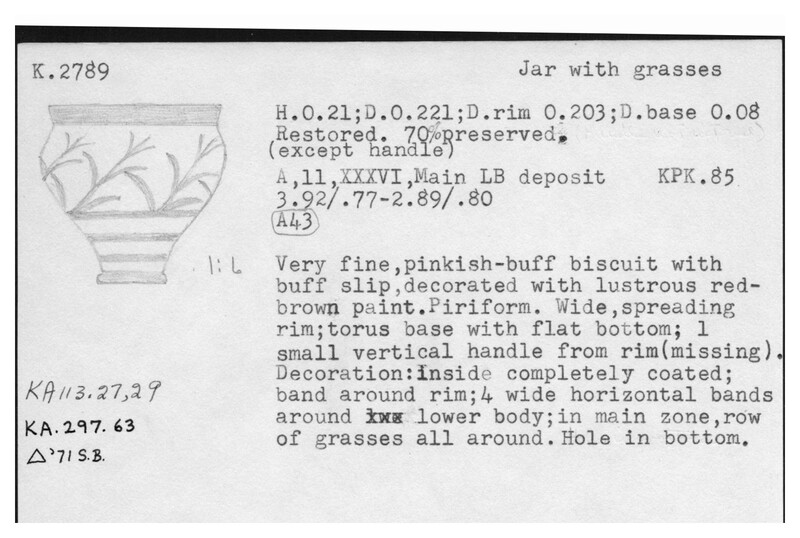 Index card with typed and handwritten information, sometimes including a sketch, of pottery from an excavation.