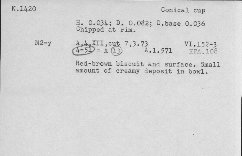 Index card with typed and handwritten information, sometimes including a sketch, of pottery from an excavation.
