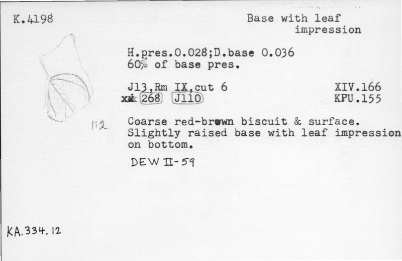 Index card with typed and handwritten information, sometimes including a sketch, of pottery from an excavation.