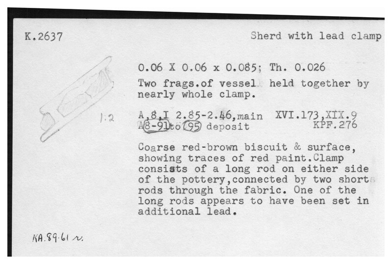Index card with typed and handwritten information, sometimes including a sketch, of pottery from an excavation.