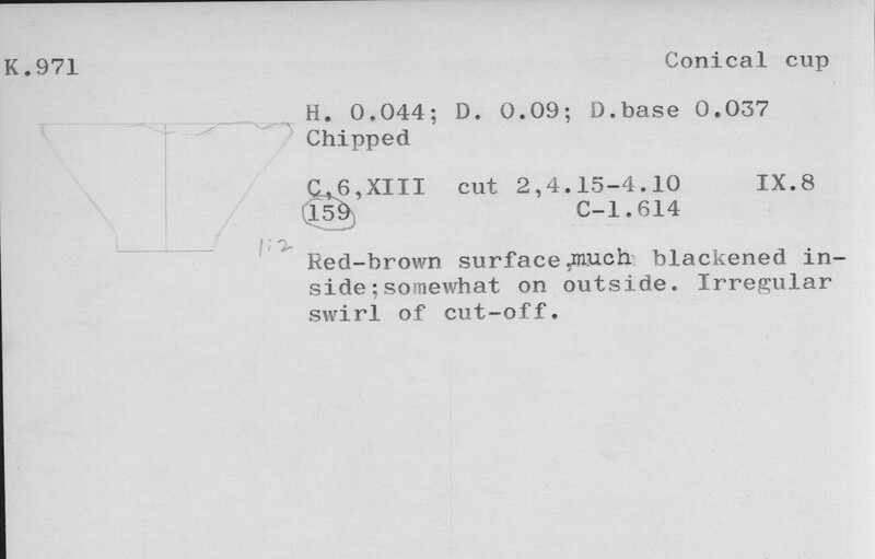 Index card with typed and handwritten information, sometimes including a sketch, of pottery from an excavation.
