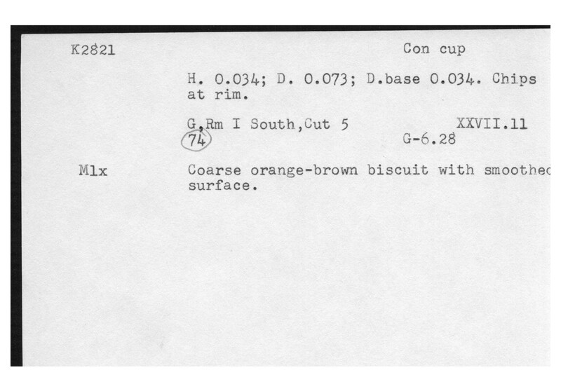 Index card with typed and handwritten information, sometimes including a sketch, of pottery from an excavation.