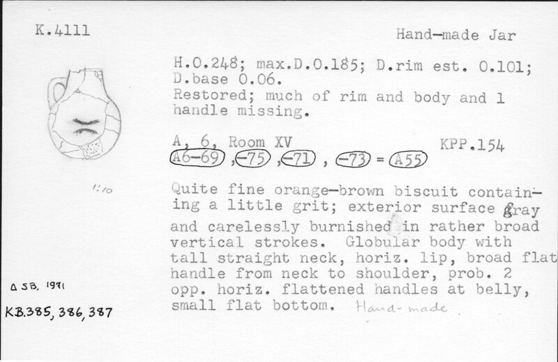 Index card with typed and handwritten information, sometimes including a sketch, of pottery from an excavation.