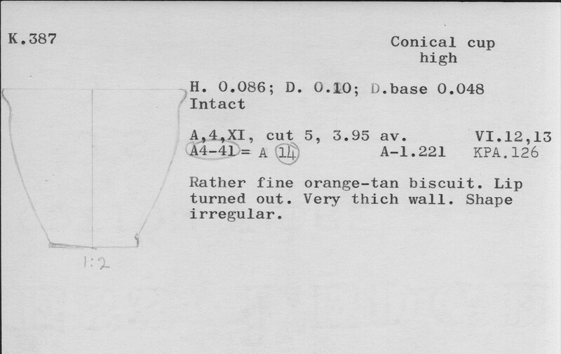 Index card with typed and handwritten information, sometimes including a sketch, of pottery from an excavation.