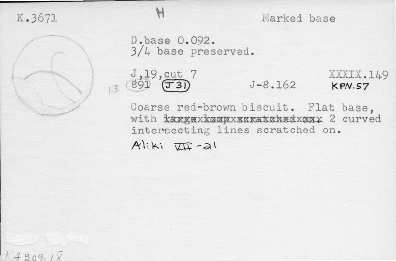 Index card with typed and handwritten information, sometimes including a sketch, of pottery from an excavation.