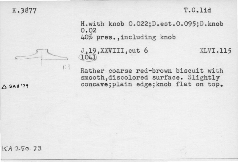 Index card with typed and handwritten information, sometimes including a sketch, of pottery from an excavation.