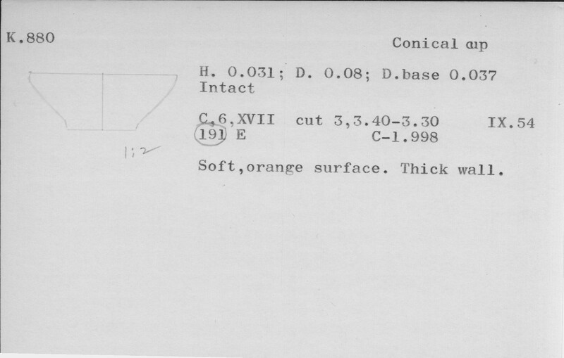 Index card with typed and handwritten information, sometimes including a sketch, of pottery from an excavation.