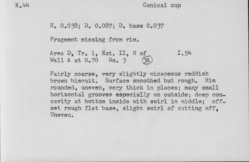 Index card with typed and handwritten information, sometimes including a sketch, of pottery from an excavation.