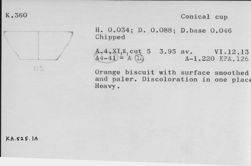 Index card with typed and handwritten information, sometimes including a sketch, of pottery from an excavation.