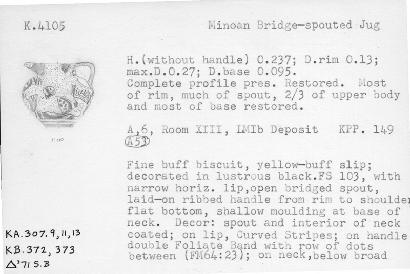 Index card with typed and handwritten information, sometimes including a sketch, of pottery from an excavation.