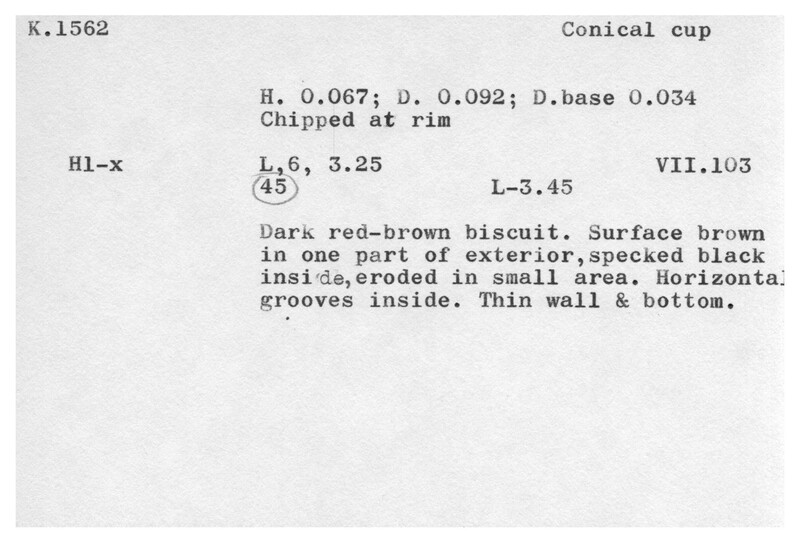 Index card with typed and handwritten information, sometimes including a sketch, of pottery from an excavation.
