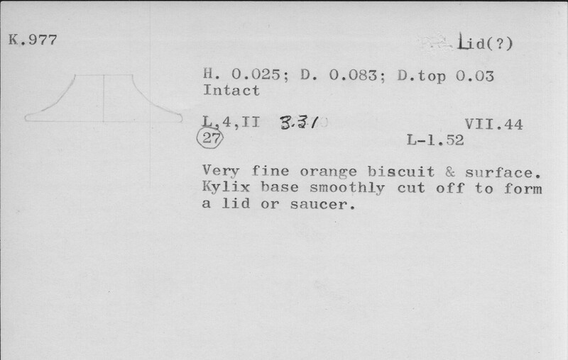 Index card with typed and handwritten information, sometimes including a sketch, of pottery from an excavation.