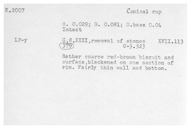 Index card with typed and handwritten information, sometimes including a sketch, of pottery from an excavation.