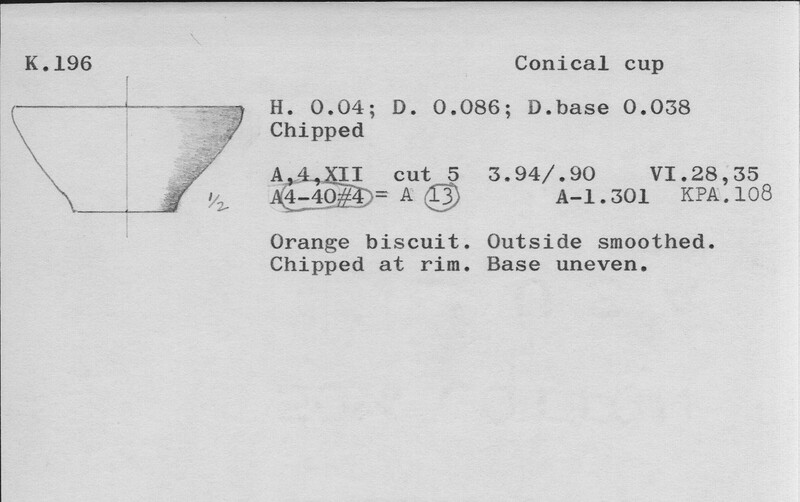 Index card with typed and handwritten information, sometimes including a sketch, of pottery from an excavation.