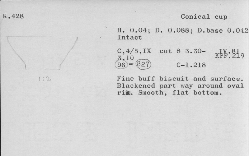 Index card with typed and handwritten information, sometimes including a sketch, of pottery from an excavation.
