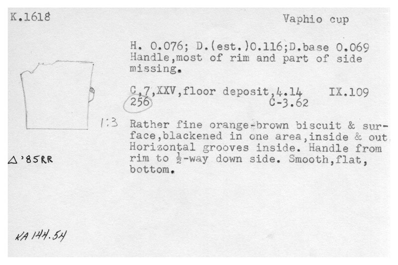Index card with typed and handwritten information, sometimes including a sketch, of pottery from an excavation.