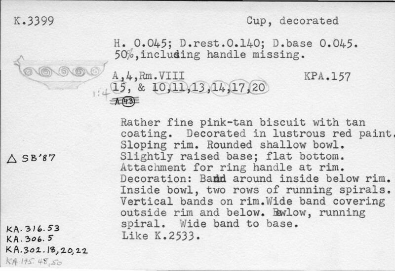 Index card with typed and handwritten information, sometimes including a sketch, of pottery from an excavation.