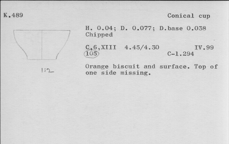 Index card with typed and handwritten information, sometimes including a sketch, of pottery from an excavation.