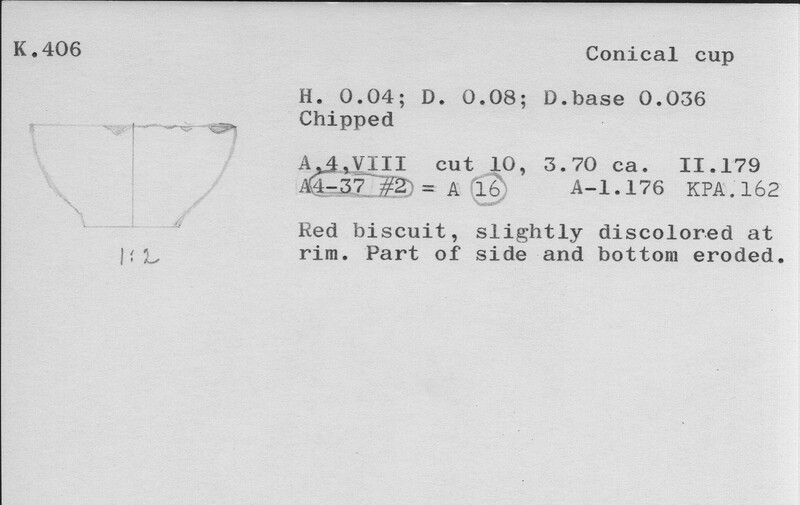 Index card with typed and handwritten information, sometimes including a sketch, of pottery from an excavation.