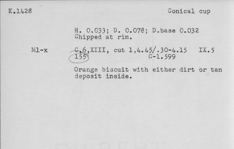 Index card with typed and handwritten information, sometimes including a sketch, of pottery from an excavation.