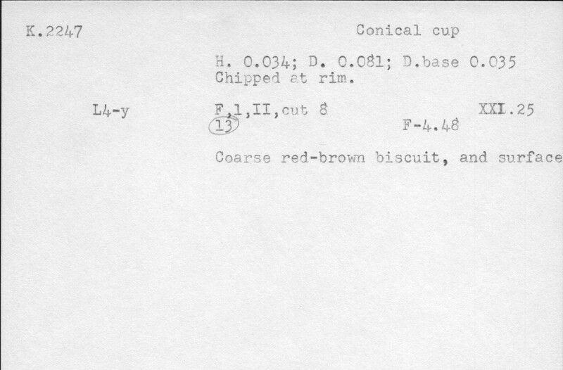 Index card with typed and handwritten information, sometimes including a sketch, of pottery from an excavation.