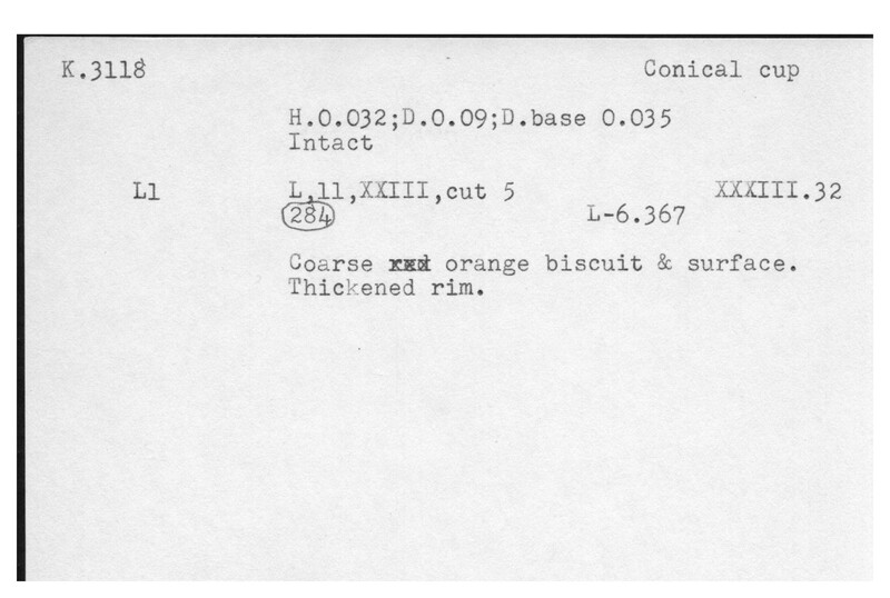 Index card with typed and handwritten information, sometimes including a sketch, of pottery from an excavation.