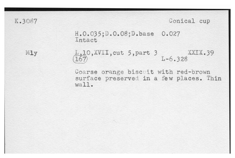 Index card with typed and handwritten information, sometimes including a sketch, of pottery from an excavation.