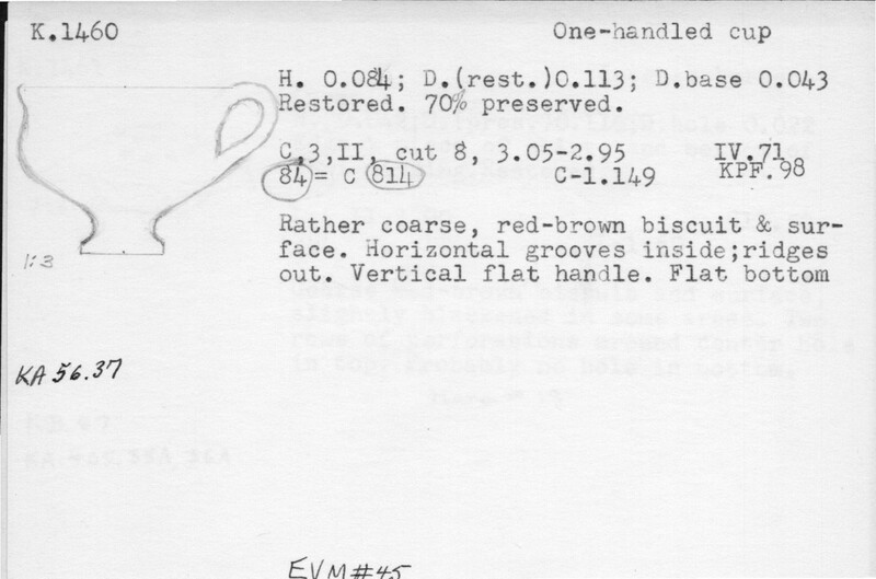 Index card with typed and handwritten information, sometimes including a sketch, of pottery from an excavation.