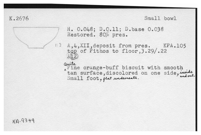 Index card with typed and handwritten information, sometimes including a sketch, of pottery from an excavation.