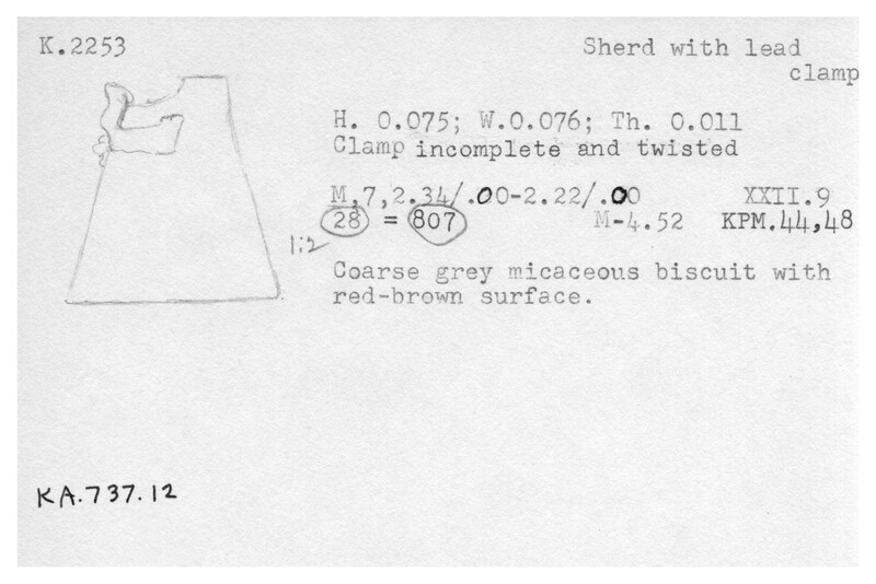 Index card with typed and handwritten information, sometimes including a sketch, of pottery from an excavation.