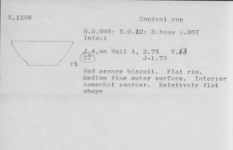Index card with typed and handwritten information, sometimes including a sketch, of pottery from an excavation.