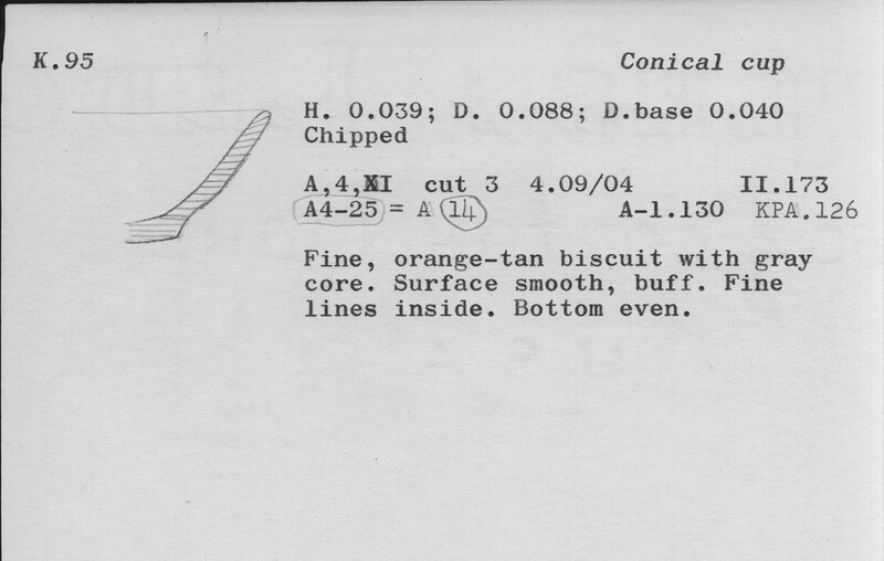 Index card with typed and handwritten information, sometimes including a sketch, of pottery from an excavation.