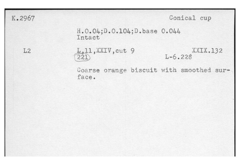 Index card with typed and handwritten information, sometimes including a sketch, of pottery from an excavation.