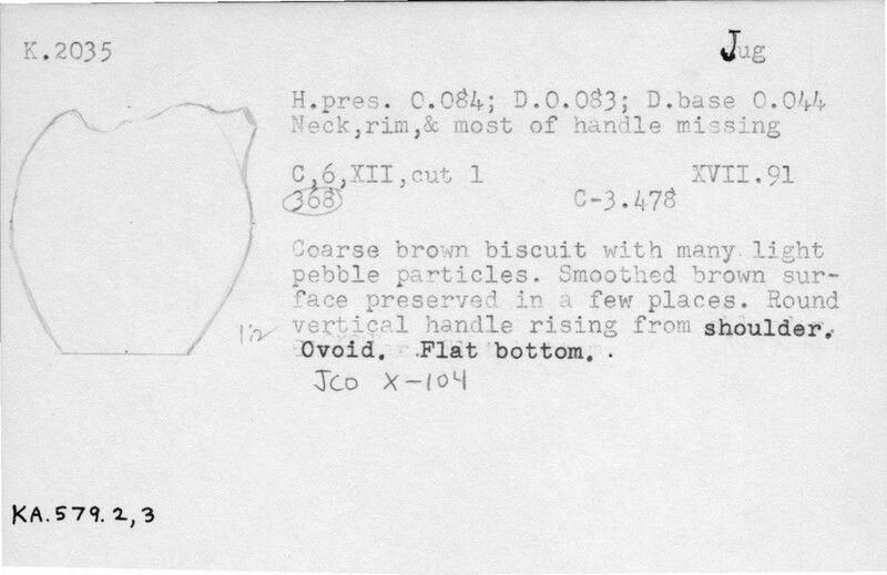 Index card with typed and handwritten information, sometimes including a sketch, of pottery from an excavation.