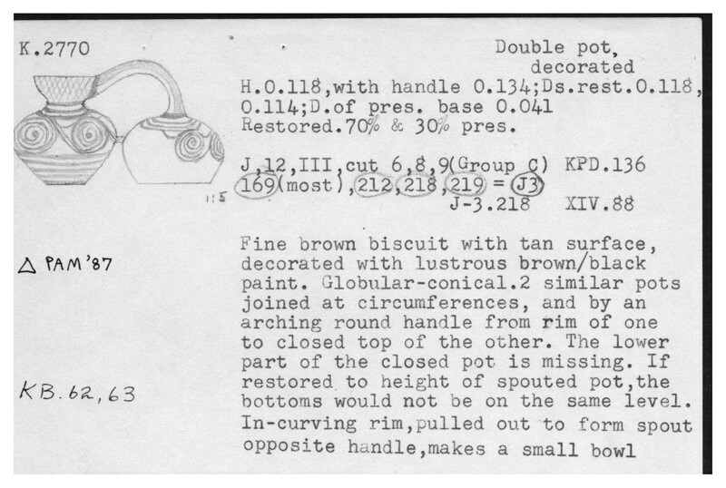 Index card with typed and handwritten information, sometimes including a sketch, of pottery from an excavation.